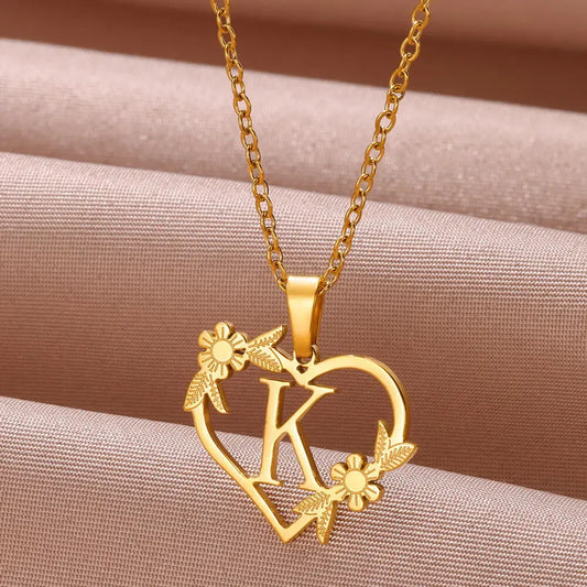 Gold Color Dainty Flower Initials Necklace Women