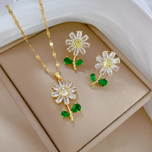 Classic Green Leaf Flower Necklace and Earrings Set Light Luxury Sunflower