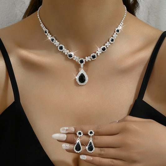 Fashion New Women's Crystal Gemstone Drop Necklace Earrings Set Bridal Wedding Jewelry Girls Birthday Accessories Gift